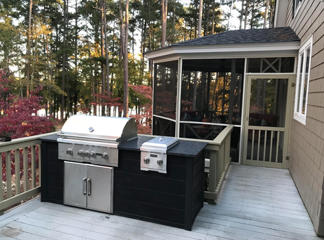 linear grill island with dual burner on deck in plank charcoal